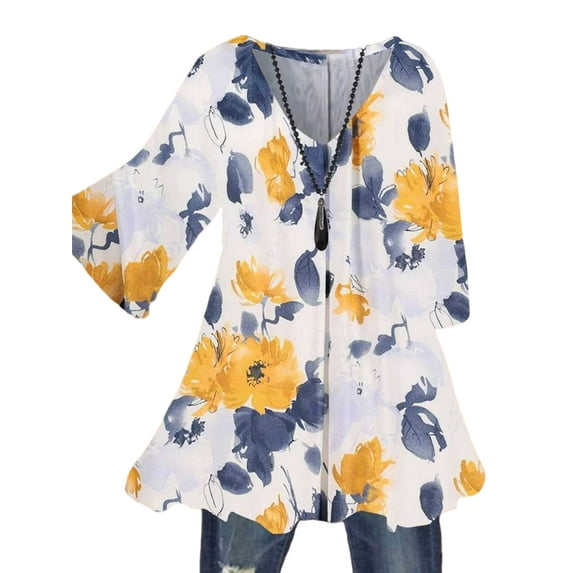 Niuer Womens Ladies Boho Floral Blouse 3/4 Sleeve Shirts Casual Loose Beach Tops Holiday Kaftan Baggy T-Shirt Tops Size S-3XL
