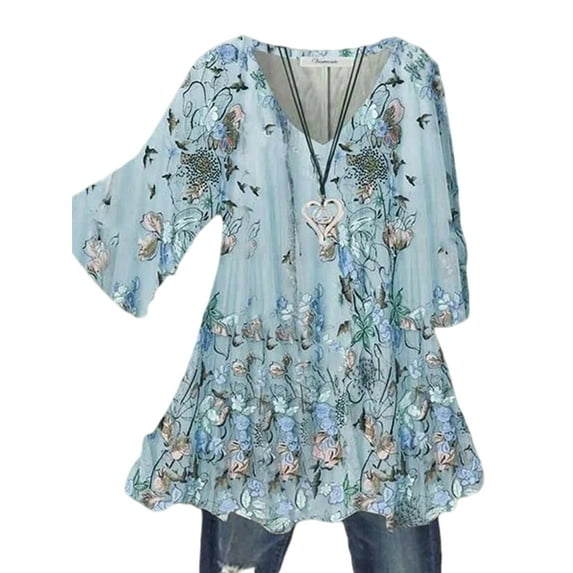 Niuer Womens Ladies Boho Floral Blouse 3/4 Sleeve Shirts Casual Loose Beach Tops Holiday Kaftan Baggy T-Shirt Tops Size S-3XL Blue 2XL