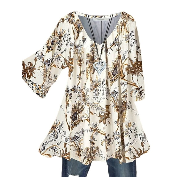 Niuer Womens Ladies Boho Floral Blouse 3/4 Sleeve Shirts Casual Loose Beach Tops Holiday Kaftan Baggy T-Shirt Tops Size S-3XL Khaki M