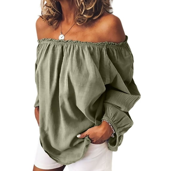 Niuer Womens Off Shoulder Tops Puff Long Sleeve Blouse Casual Loose Shirt Cotton Linen Tunic