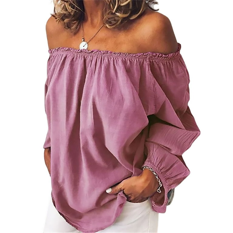 Pink Off Shoulder Long Sleeves T-Shirt Blouse Pink Off Shoulder Long Sleeves T-Shirt Blouse