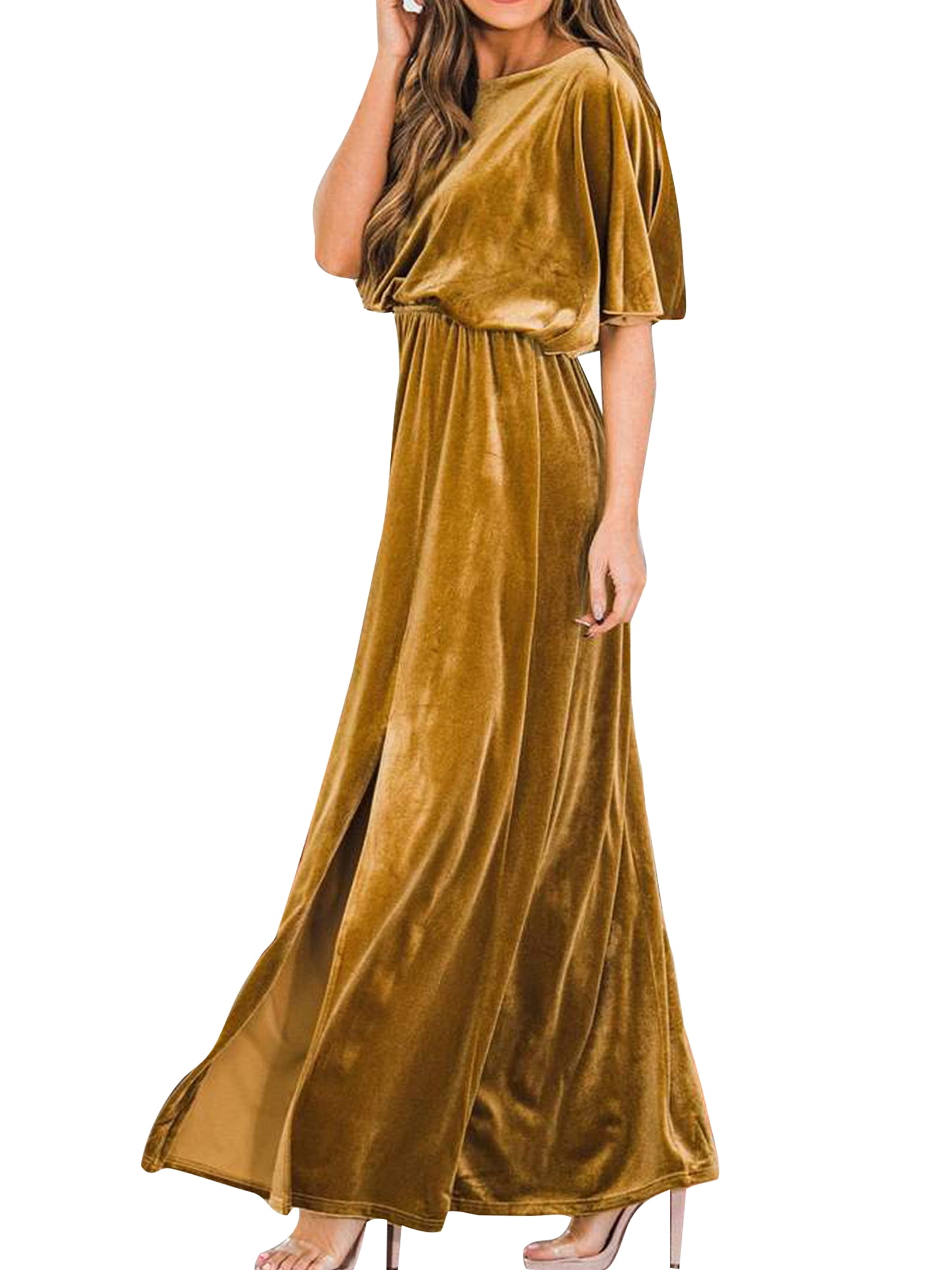 Niuer Womens Short Sleeve Velvet Maxi Dresses Crew Neck Loose Pleated Dress Flowy Formal Evening Dresses Gold XL Walmart