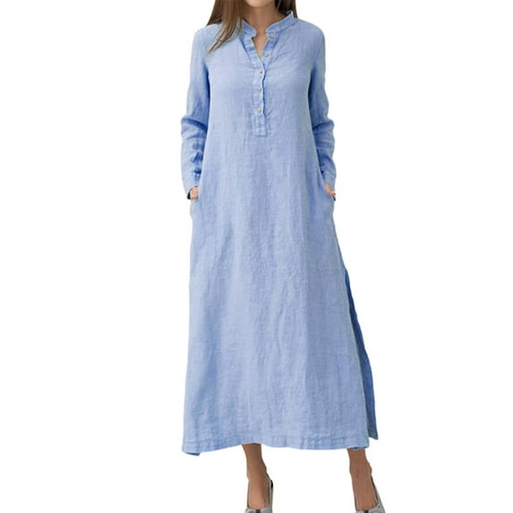 Niuer Womens Vintage Long Sleeve Casual Kaftan Long Maxi Shirt Dresses Ladies Winter Fashion Linen Kaftan Ethnic Style Split Maxi Dress