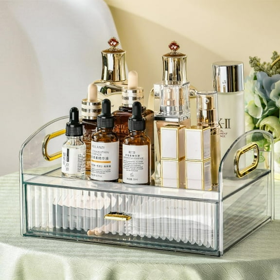 Niulife Makeup Organizer Countertop With Drawers Bedroom Vanity Clear Skincare Organizer Cute Cosmetic Display Cases for Perfumes Lipsticks,Clear