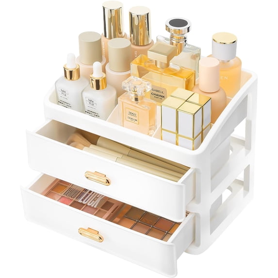 Niulife Makeup Organizer with Drawers,Large Vanity Skincare Storage,Bathroom Countertop Cosmetics Display Holder for Skincare, Eyeshadow, Lotions, Lipstick, Nail Polish and Jewelry,White 2 Tiers