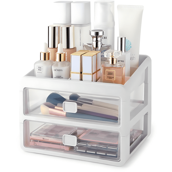 Niulife Makeup Organizer for Vanity, Cosmetic Display Cases, Bedroom Bathroom Countertop Desk Cosmetics Organizer for Skin Care, Nail Polish, Eye Shadow, Lotion and Brushes,Clear 2-Layers