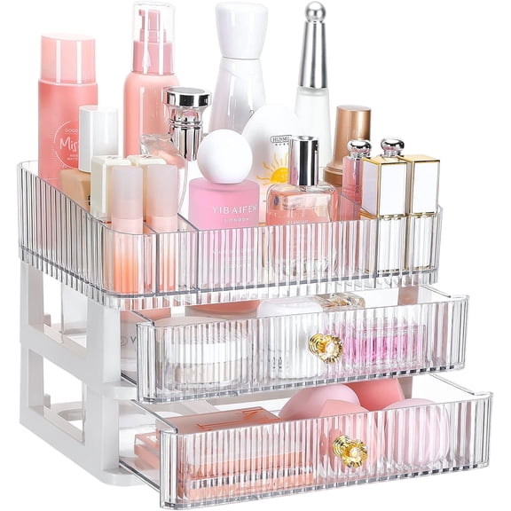 Niulife Makeup Organizer for Vanity, Large Capacity Cosmetic Display Cases with Drawers for Bathroom Countertop Perfume Lipstick Brushes Skincare Eyeshadow