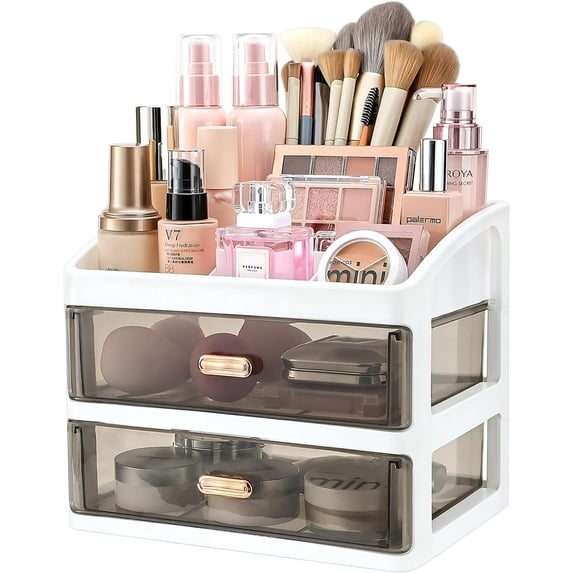 Niulife Makeup Organizer for Vanity,Large Capacity Countertop Organizer,Bathroom Bedroom Desk Cosmetic Display Cases for Skin Care Brushes Eyeshadow Lotions Lipstick Nail Polish (Black 2 Drawer)