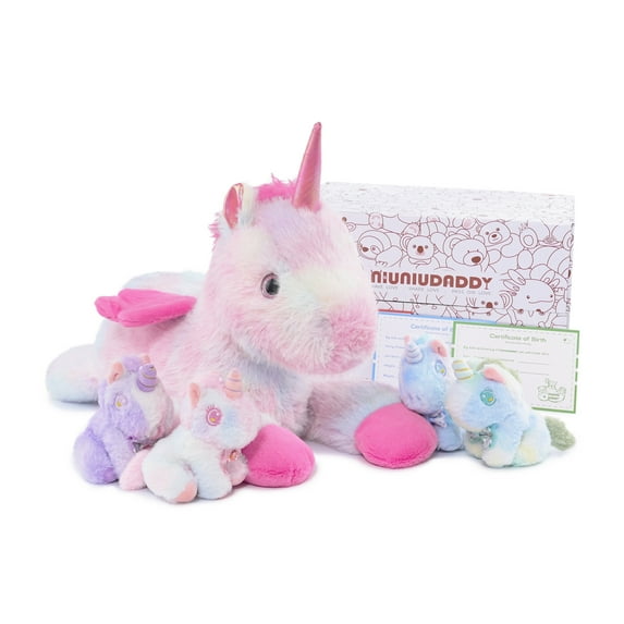 Niuniu Daddy 19'' Weighted Unicorn Stuffed Animal Soft Giant Mommy Unicorn with 4 Baby Plush Toys