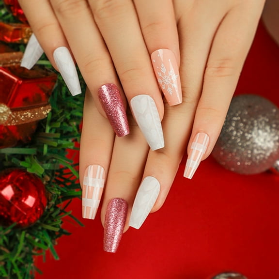Niusricy 24Pcs Christmas Fake Nails Long Square Nails Full Cover Glue On Nails with Snowflake Heart Glitter Design