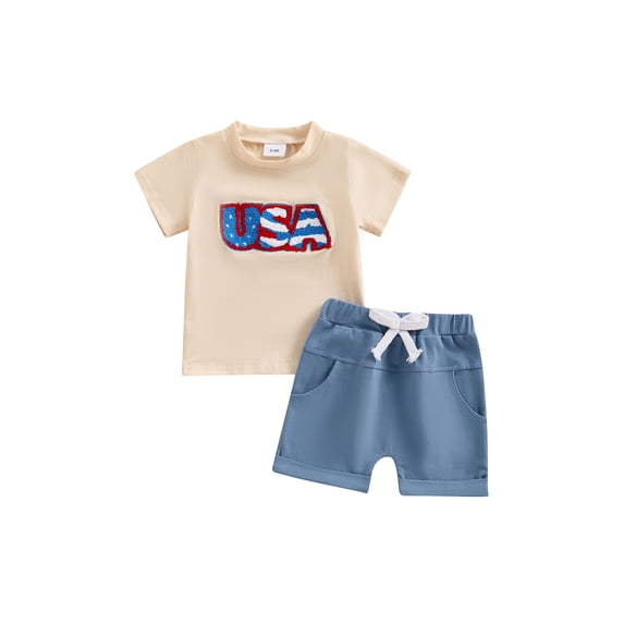 Niusricy 4th of July Clothes for Kids Baby Boys 0 6M 12M 18M 2T 3T Toddler Crew Neck T-shirt Embroidery Letters Short Sleeve Tops with Elastic Waist Shorts Infant Fashion Comfy Summer Outfit