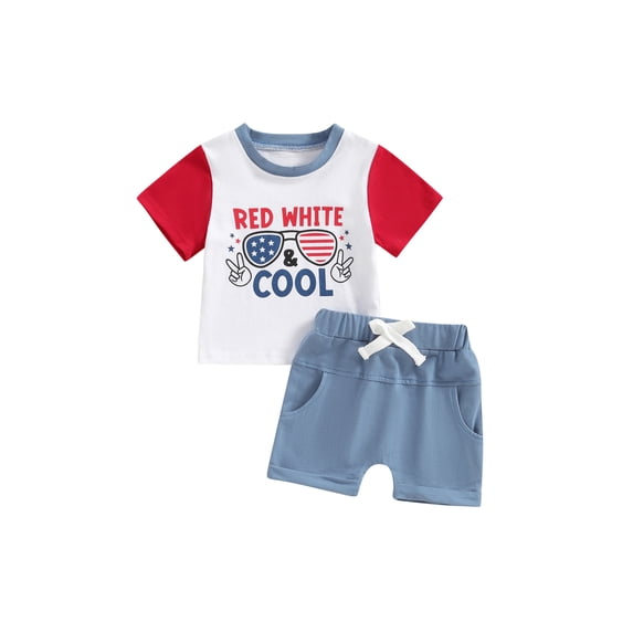 Niusricy 4th of July Clothes for Toddler Boys 0 3M 12M 18M 2T 3T Kids Short Sleeve T-Shirts Stripe Letter Star Print Contrast Color Tops and Shorts Inual 2Pcs Summer Outfits Set for Vacation