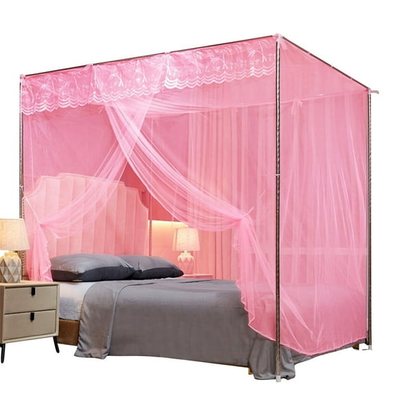 Niusricy Canopy Bed Curtains, 4 Corner Post Lace Trim Princess Bed Canopy, Mosquito Net for Adult Kids Bedroom