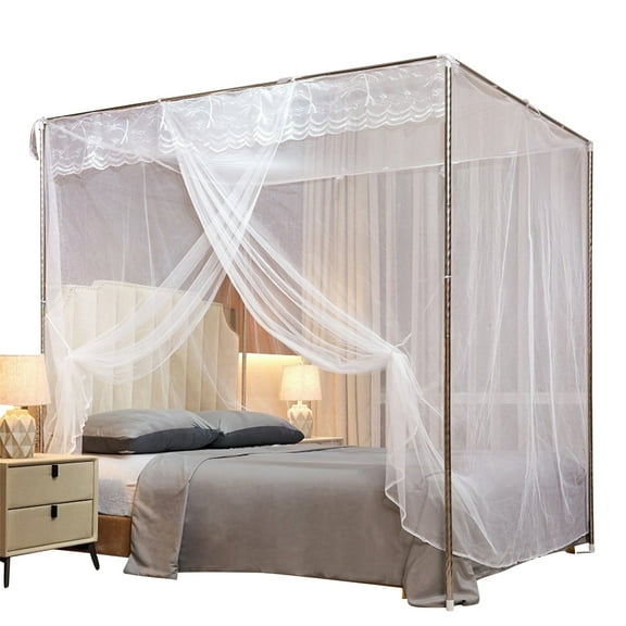 Niusricy Canopy Bed Curtains, 4 Corner Post Lace Trim Princess Bed Canopy, Mosquito Net for Adult Kids Bedroom