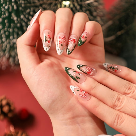 Niusricy Christmas Artificial Nails Set Cute Snowflake Cane Print Long False Nail Full Cover Nail Tips for Women Manicure Kit