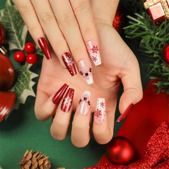 Niusricy Christmas Artificial Nails Set Natural Snowflake False Nail Full Cover Nail Tips for Women Manicure Kit
