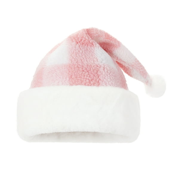 Niusricy Christmas Hats for Adults Cute Pink Plaid Santa Claus Hat Fleece Santa Cap with Plush Trim