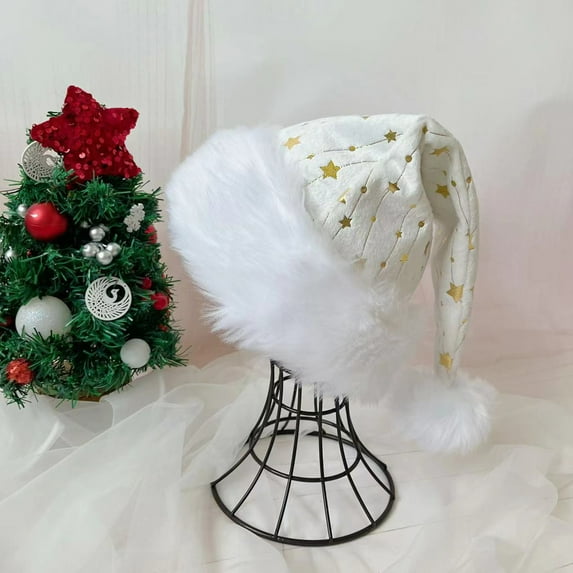 Niusricy Christmas Hats for Adults Shiny Star Embroidery Santa Claus Hat Party Santa Cap with Plush Trim