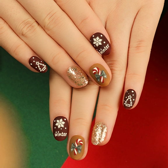 Niusricy Christmas Press on Nails 24Pcs Short Oval Nails Glue On Fake Nails with Snowman Candy Cane Designs