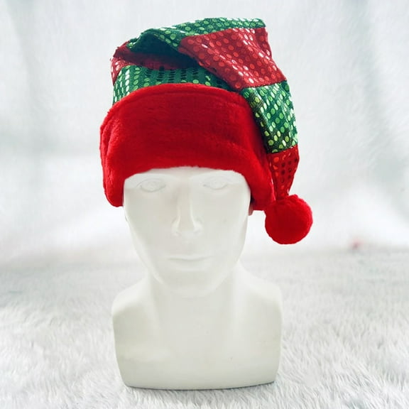 Niusricy Christmas Santa Hats for Adults and Kids Christmas Cap Red Green Sequins Patchwork Santa Hats Party Caps Bobbles Elf Hat