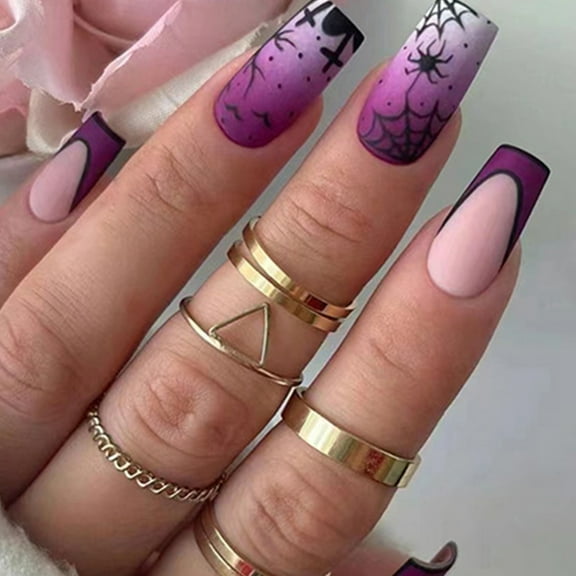 Niusricy Halloween Press on Nails 24Pcs Fake Nails Medium Coffin Square Nails with Spider Web Design