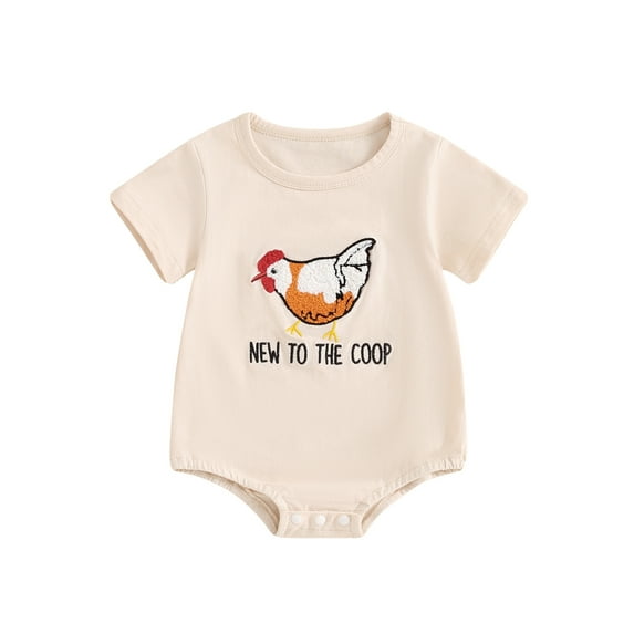 Niusricy Kids Baby Boys Girls Summer Romper 0-24M Toddler Short Sleeve Jumpsuits Cute Chicken Embroidery Crew Neck Bodysuits Newborn Cute Casual Daily Playsuit for Farm Day