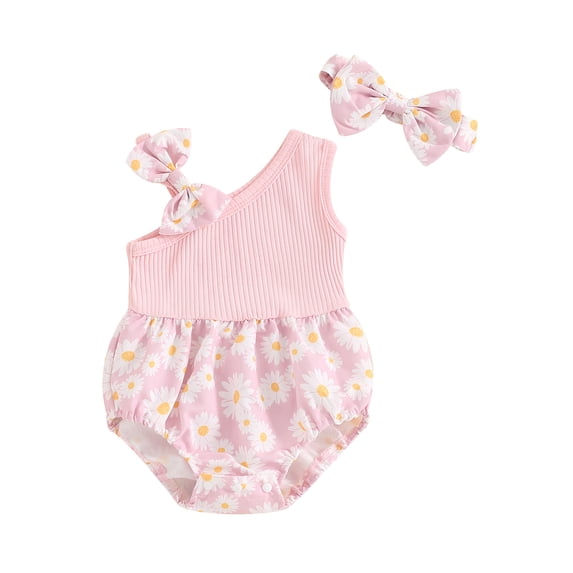 Niusricy Kids Baby Girl Summer Casual Jumpsuits Outfits 0-18M Toddler Sleeveless Romper Floral Print Patchwork Bodysuits and Headband Set Little Girls Fashion Cute Floral Clothes for Daily Vacation