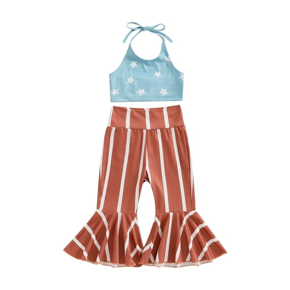 Niusricy Kids Girls 4th of July Outfits 12M 18M 2T 3T 4T 5T Toddler Baby Sleeveless Camisole Cropped Vest Stars Print Tie-Up Halter Neck Tank Tops Stral Summer Clothes Set for Vacation Daily