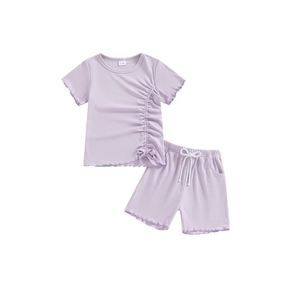 Niusricy Kids Girls Solid Shorts Set 12M 18M 2T 3T 4T 5T Toddler Short Sleeve T-shirt Crew Neck Shirts Drawstring Tops with Drawstring Shorts Little Girl Fashion Simply Summer Outfit for Casual Daily