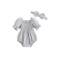 thumbnail image 1 of Niusricy Kids Infant Girl Summer One-piece Jumpsuits 0-18M Toddler Baby Puff Sleeve Bodysuits Solid Color Ruffled Neckline Shirred Rompers with Bow Herls Fashion Cute Comfy Clothes for Daily, 1 of 7