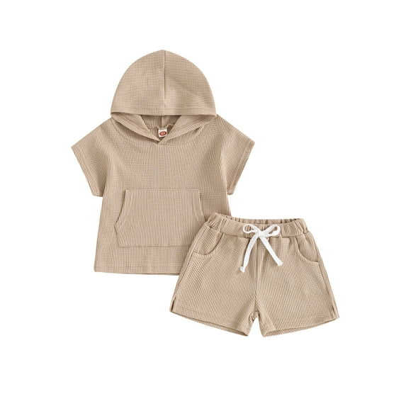 Niusricy Kids Little Girl Boy Waffle Clothes Set 6M 12M 18M 2T 3T 4T Toddler Short Sleeve Vest Hoodies Solid Color Front Pocket Hooded Tank Tops Elast Infant Baby Casual Comfy Summer Outfits