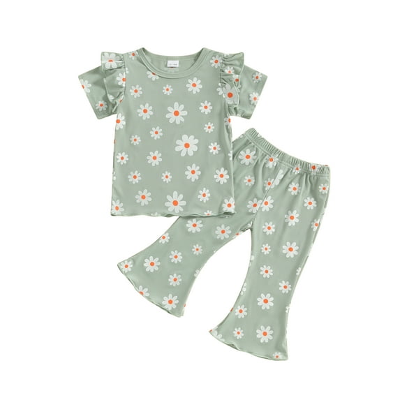 Niusricy Kids Little Girl Summer Clothes Set 12M 18M 2T 3T 4T 5T Toddler Short Sleeve T-shirt Floral Print Crew Neck Tops with Bell-Bottom Pants Infante Sweet 2 Pcs Outfit for Daily Vacation