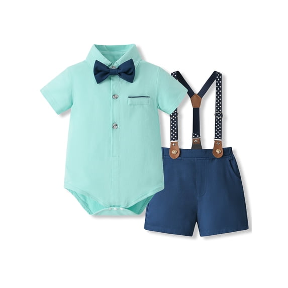 Niusricy Kids Toddler Boys Summer Shorts Set 6M 9M 12M 18M 2T 3T Infant Baby Short Sleeve Shirts Bow Tie Romper Tops with Solid Overall Shorts Little Boy Gentleman Outfit Formal Party