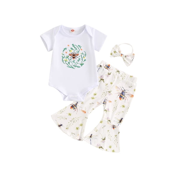 Niusricy Kids Toddler Girl Casual Clothes 0 3M 6M 12M 18M Infant Baby Short Sleeve Romper Crew Neck Jumpsuit with Daisy Pattern Flare Pants and Headbae 3 Pcs Summer Outfit for Daily Vacation