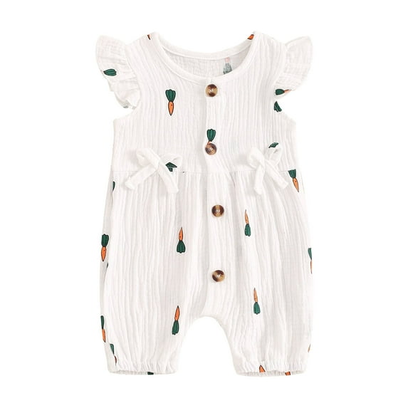 Niusricy Kids Toddler Girl Casual Jumpsuits 0 3M 6M 12M 18M 24M Infant Baby Fly Sleeve Romper Pants Summer Cherry/Carrot Print Button Bosysuits Newborn Fashion Cute Summer Clothes for Daily Vacation