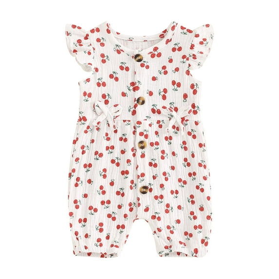 Niusricy Kids Toddler Girl Casual Jumpsuits 0 3M 6M 12M 18M 24M Infant Baby Fly Sleeve Romper Pants Summer Cherry/Carrot Print Button Bosysuits Newborn Fashion Cute Summer Clothes for Daily Vacation