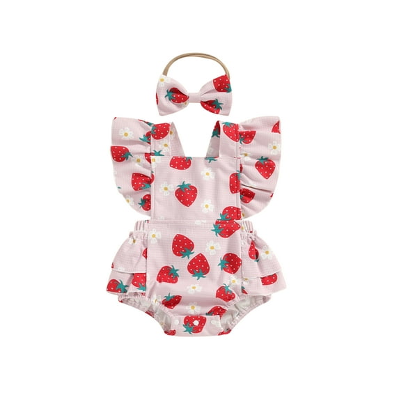 Niusricy Kids Toddler Girl Casual Outfit Sets 0 3M 6M 12M 18M Infant Baby One-piece Jumpsuit Fly Sleeve Romper Flower Strawberry Print Overalls with H Sweet Summer Clothes for Vacation Daily