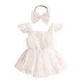 thumbnail image 1 of Niusricy Kids Toddler Girl Summer Outfit 0 3M 6M 12M 18M 24M Infant Baby Square Neck Jumpsuits Dress Fly Sleeve Lace Romper Dress Fashion Casual A-lin Headband 2 Piece Set for Vacation Party, 1 of 8