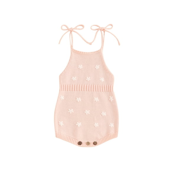 Niusricy Toddler Baby Girl Summer One-piece Jumpsuits 0-18M Kids Sleeveless Romper Cute Crochet Flower Tie Strap Bodysuit Newborn Comfy Fashion Knitwels Sweet Casual Summer Clothes for Daily