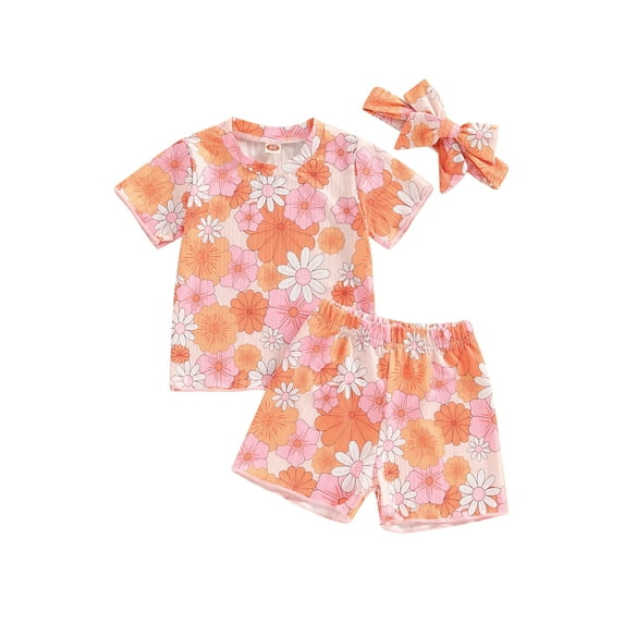 Niusricy Toddler Baby Girls Summer Outfits 0 6M 12M 18M 2T 3T Kids Short Sleeve T-Shirt Floral Print Tops and Shorts Cute Headband Set Infant Kids Fashion Cute Comfy 3 Piece Daily Clothes for Vacation