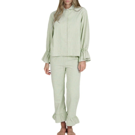 Niusricy Women 2 Piece Casual Pajamas Lounge Set Junior Cute Plaid Pj Flare Cuff Long Sleeve Shirts Lapel Doll Collar Blouses Button Tops and Pants Laits Womens Spring Fall Sleepwear Clothes