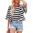 thumbnail image 1 of Niusricy Women Casual Short Sleeve T-Shirts Ladies Vintage Stripe Contrast Color Blouses Round Neck Shirts Teen Girls Fashion Loose Fit Tops Streetwear for Summer, 1 of 6