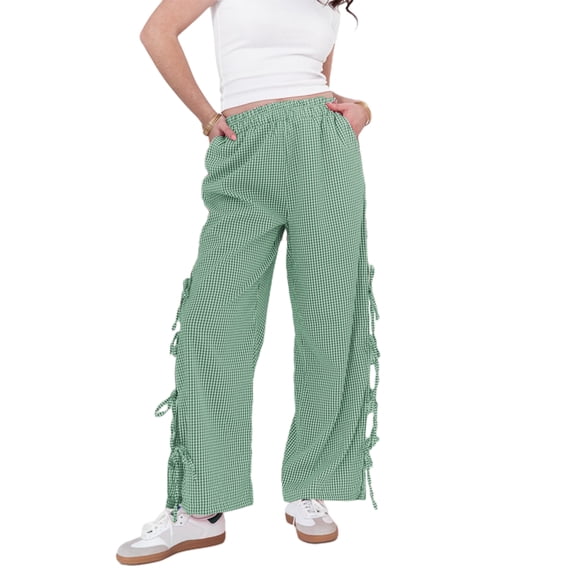 Niusricy Women Casual Verstile Pants Elastic Waist Trousers Slit Tie-up Plaid Sweatpants Ladies Loose Going Out Pants Bottom Fashion Vintage Cute Clothes Streetwear for Teen Girls Daily
