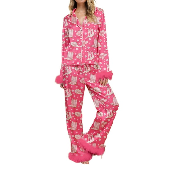 Niusricy Women Christmas Satin Pajamas Lounge Set Ladies Santa/Christmas Tree/Boots Print Shirts Lapel Button Tops and Pants Elegant Cute 2 Piece Lounoose Sleepwear for Christmas Party Night