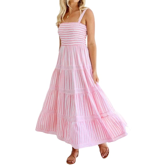 Niusricy Women Elegant Sexy Maxi Flowy Dress Ladies Sleeveless Long Swing Dress Casual Striped Print A-Line Dress High Waist Party Dress Summer Daily for Vacation Cocktail Beach Streetwear