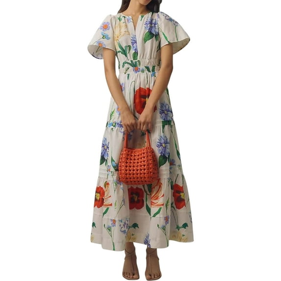 Niusricy Women Floral Maxi Long Dress Ladies V-Neck Flowy Dresses Smocked Waist Swing Dress Pintucked Hem Side Slant Pockets Casual Midi Dress Short Sress Streetwear for Summer Holiday Daily