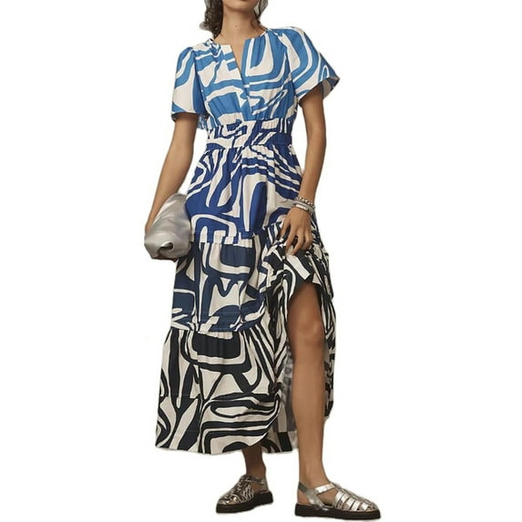 Niusricy Women Floral Maxi Long Dress Ladies V-Neck Flowy Dresses Smocked Waist Swing Dress Pintucked Hem Side Slant Pockets Casual Midi Dress Short Sress Streetwear for Summer Holiday Daily