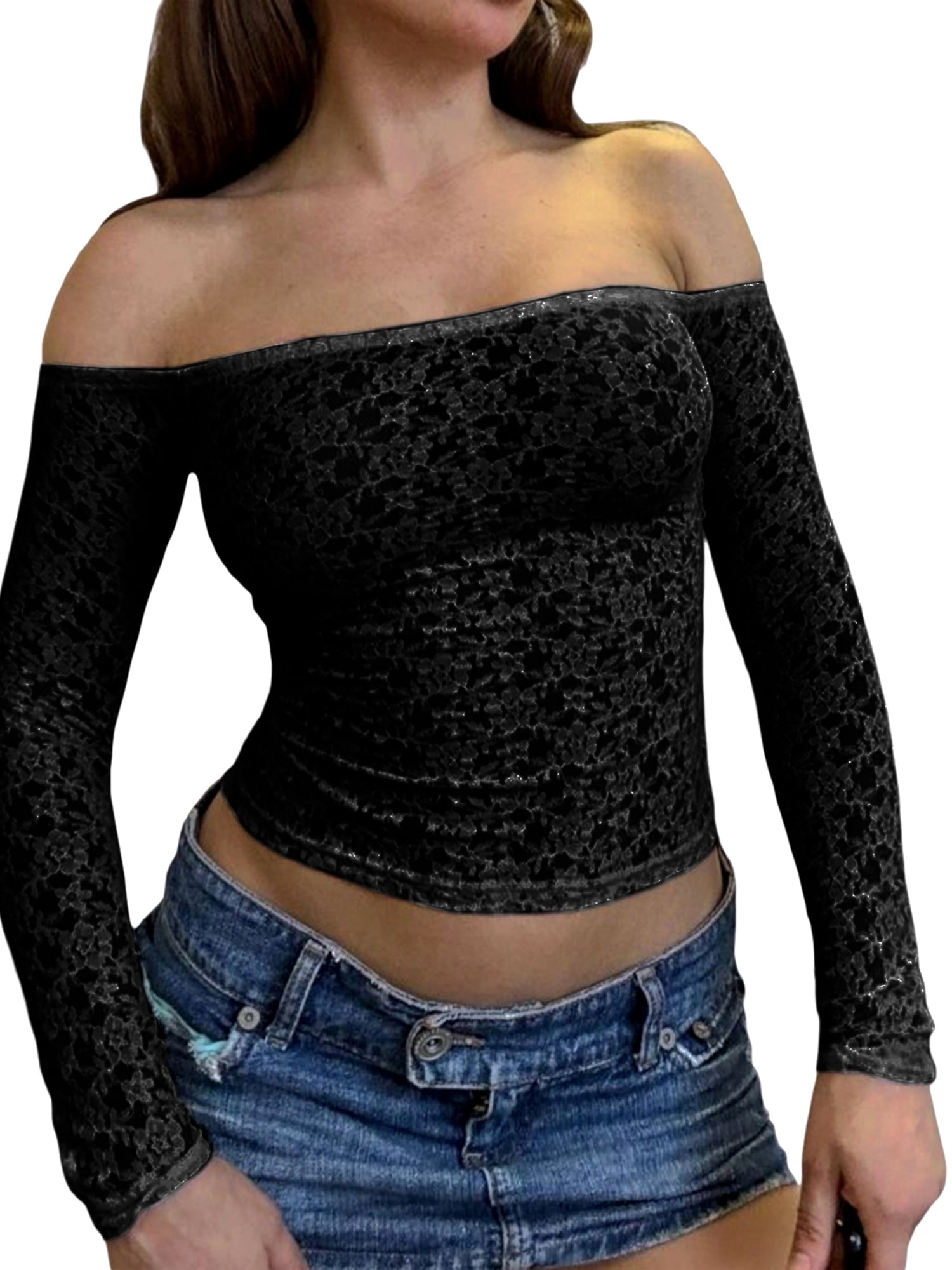 Niusricy Women Long Sleeve Mesh Crop Top Off Shoulder Lace T Shirt See Through Slim Fit Tee