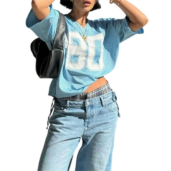 Niusricy Women Loose Basic T-Shirt Streetwear Teen Girls Short Sleeve Shirt Oversized Number Print Tops V Neck Tunic Tee Ladies Fashion Casual Summer Top for Aesthetic Grunge Clothes