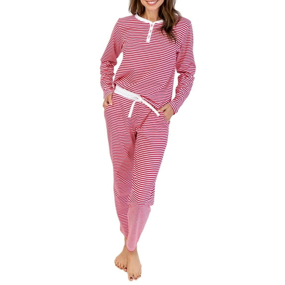 Niusricy Women Men Casual Striped Pajama Set Long Sleeve Shirts Henley Neck T-shirt Loose Tops with Pants Unisex Classic Comfy Pjs Daily Spring Fall Sleepwear 2pcs Daily Loungewear Clothes